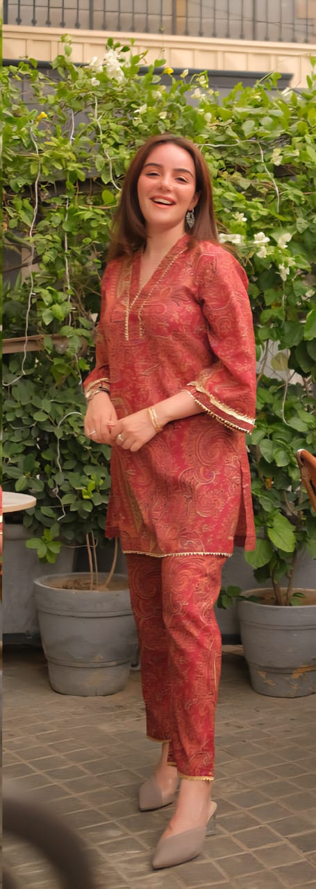 Rust Paisley Printed Kurta Set with Gold Lace Detailing