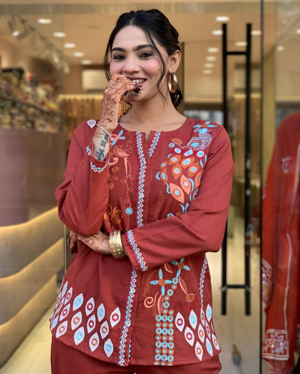 Embroidered Cotton Co-Ord Set with Straight Pants – Rust