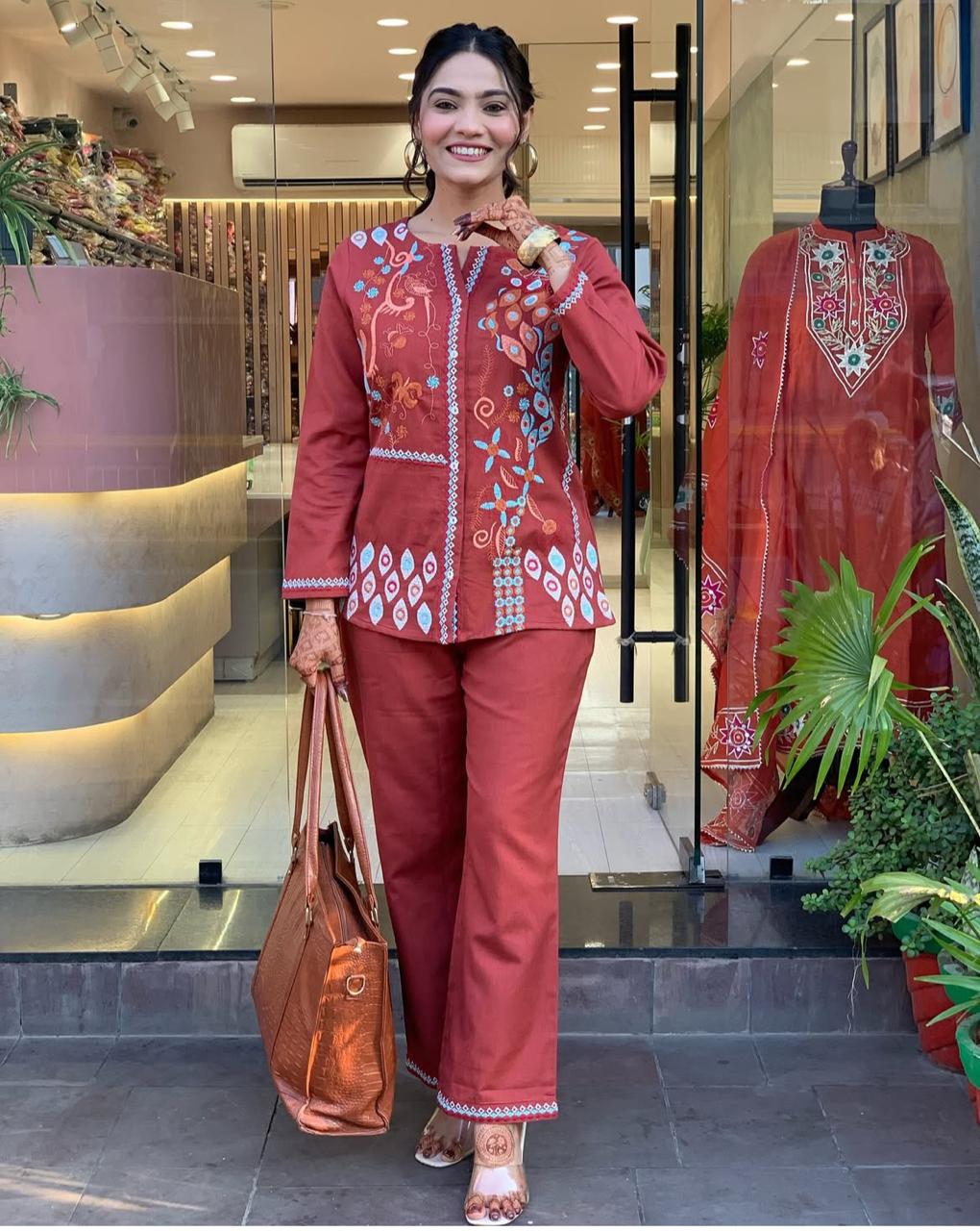 Embroidered Cotton Co-Ord Set with Straight Pants – Rust