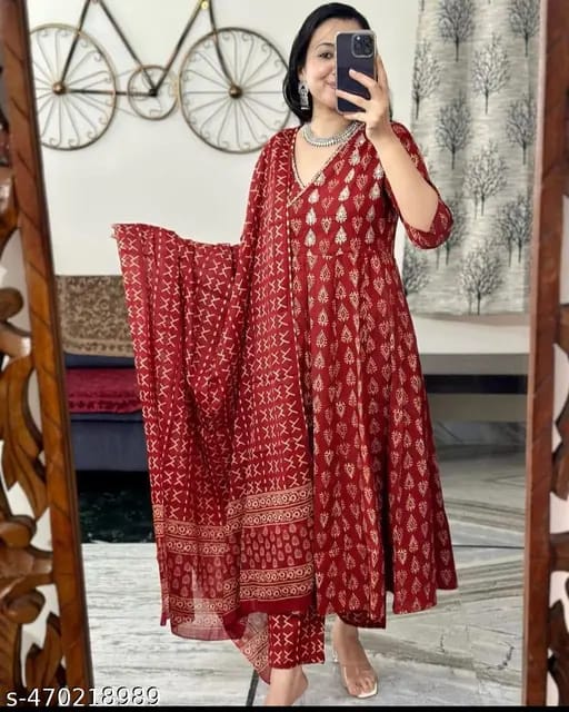 Ajrakh Print Maroon Anarkali Kurta Set with Dupatta
