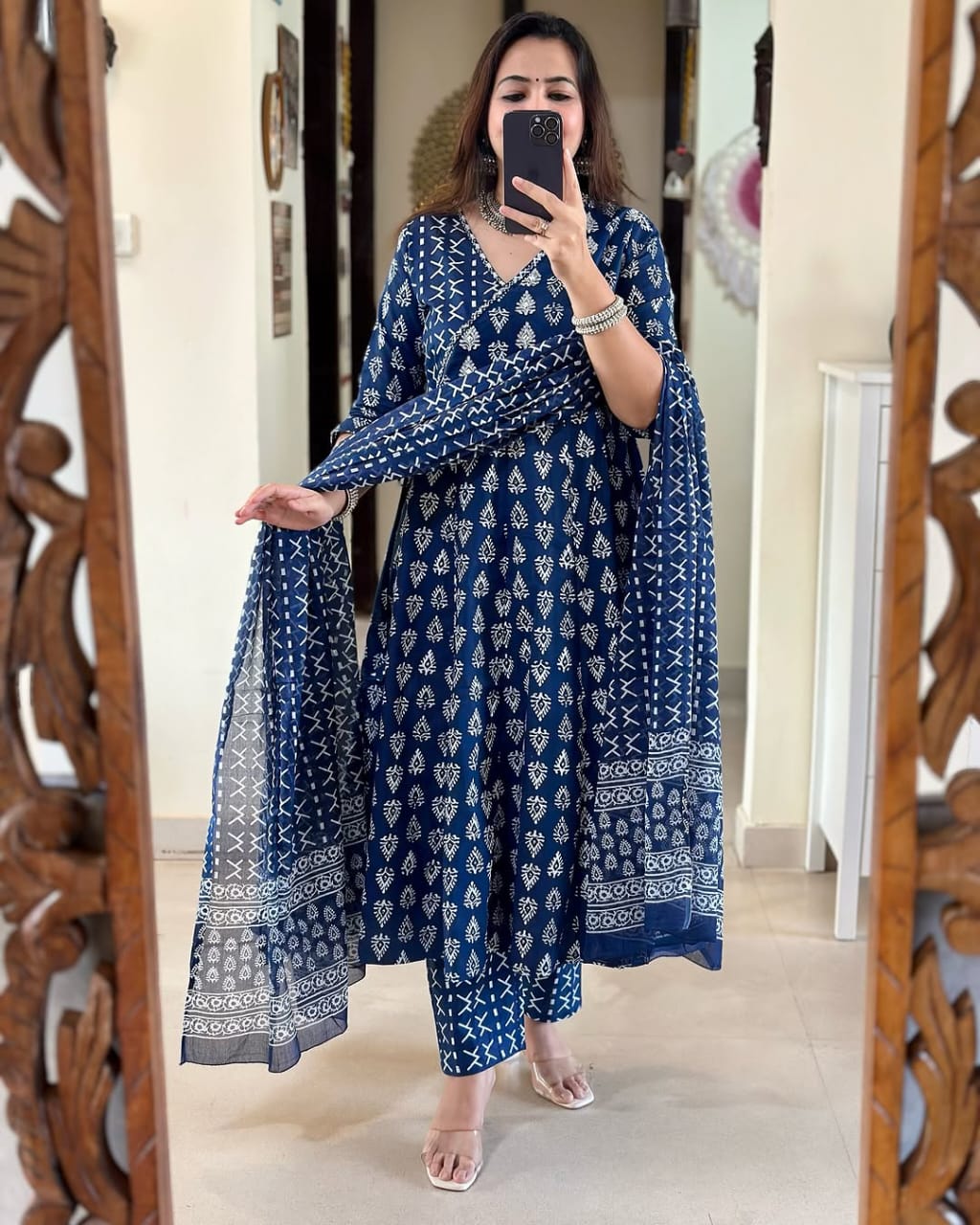 Blue Ajrakh Print Anarkali Kurta Set with Dupatta
