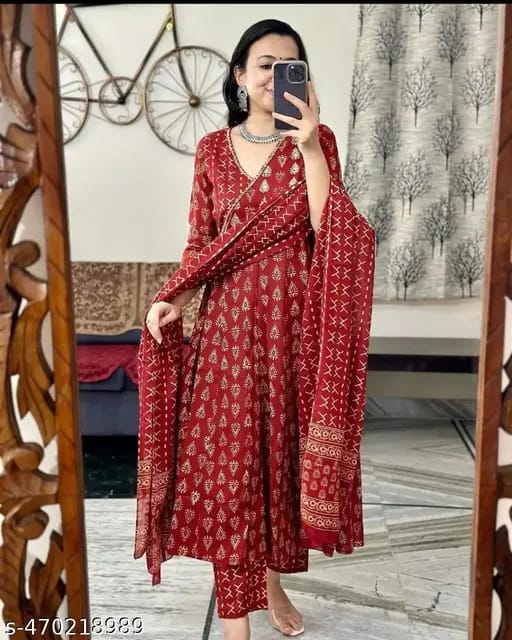 Ajrakh Print Maroon Anarkali Kurta Set with Dupatta