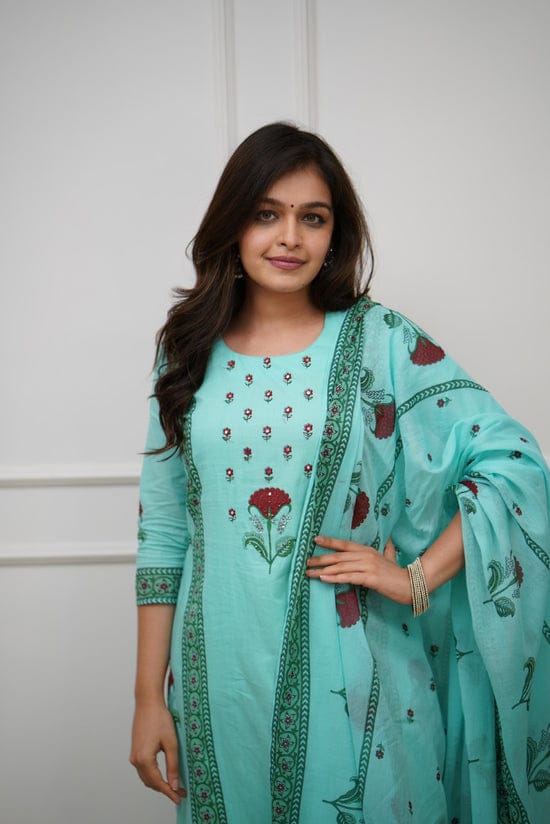 Floral Aqua Blue Block Print Cotton Suit Set with Dupatta