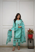 Floral Aqua Blue Block Print Cotton Suit Set with Dupatta