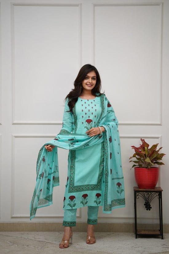Floral Aqua Blue Block Print Cotton Suit Set with Dupatta