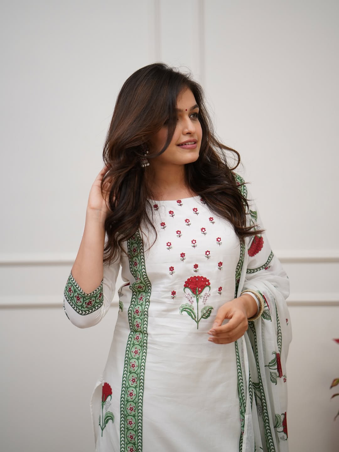 Floral White Block Print Cotton Suit Set with Dupatta