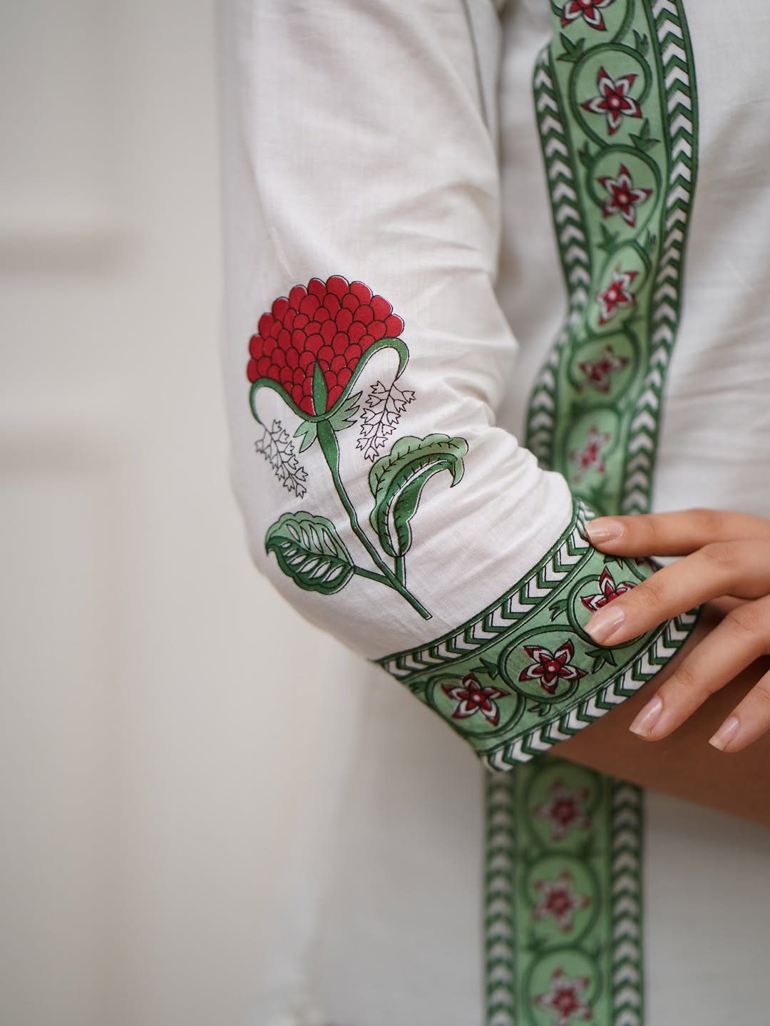 Floral White Block Print Cotton Suit Set with Dupatta