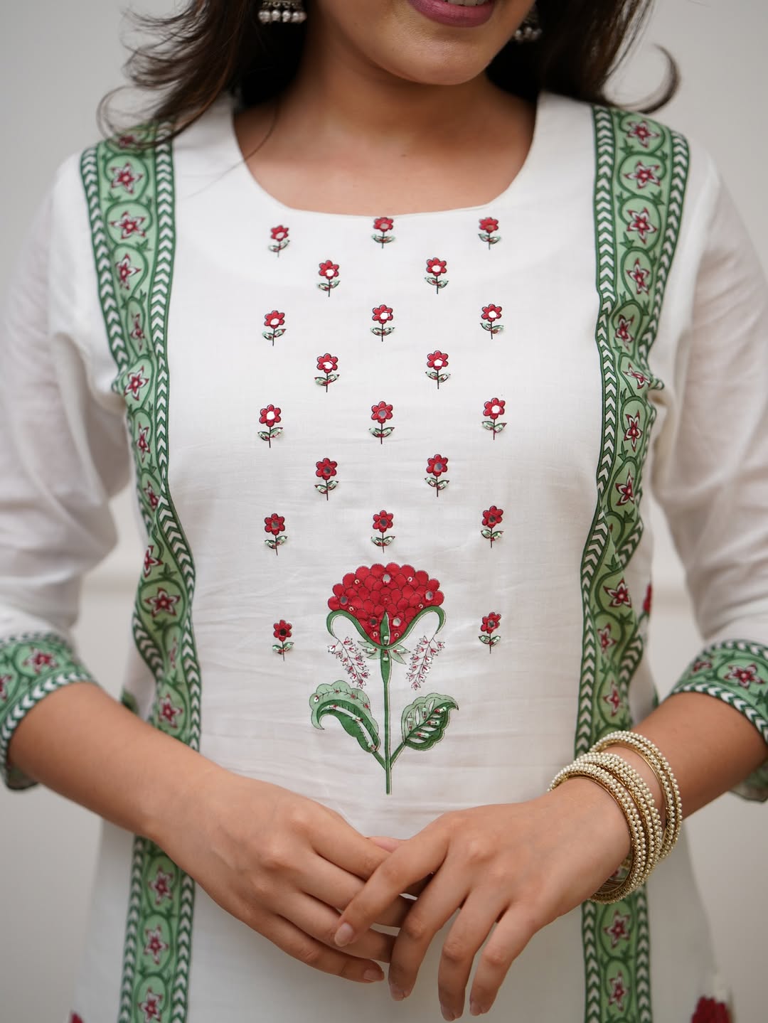 Floral White Block Print Cotton Suit Set with Dupatta