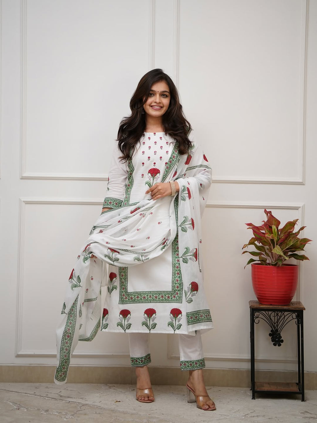 Floral White Block Print Cotton Suit Set with Dupatta