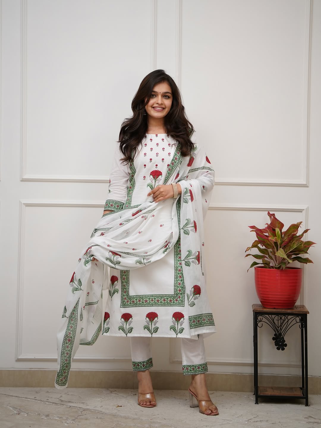 Floral White Block Print Cotton Suit Set with Dupatta