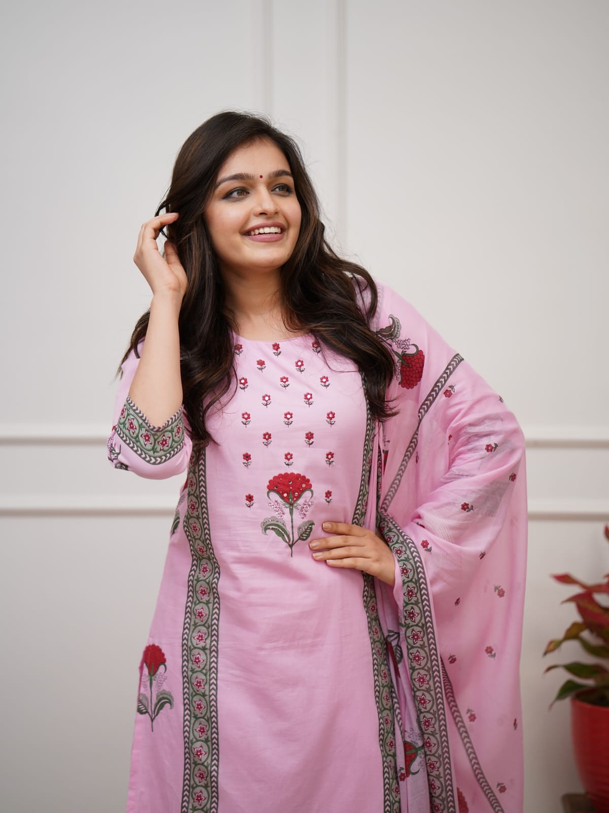 Floral Pink Block Print Cotton Suit Set with Dupatta