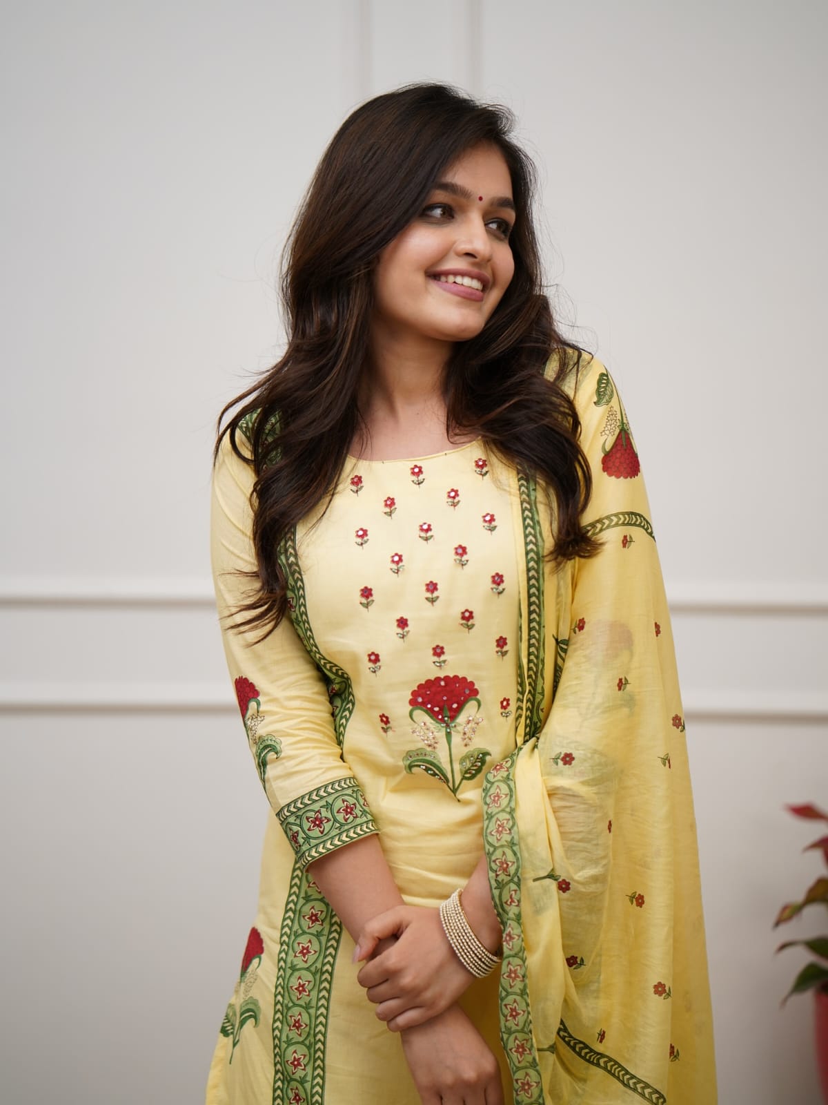 Floral Yellow Block Print Cotton Suit Set with Dupatta