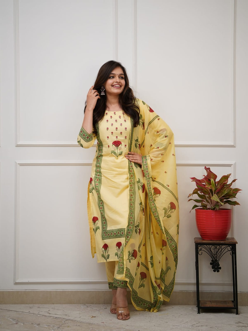 Floral Yellow Block Print Cotton Suit Set with Dupatta