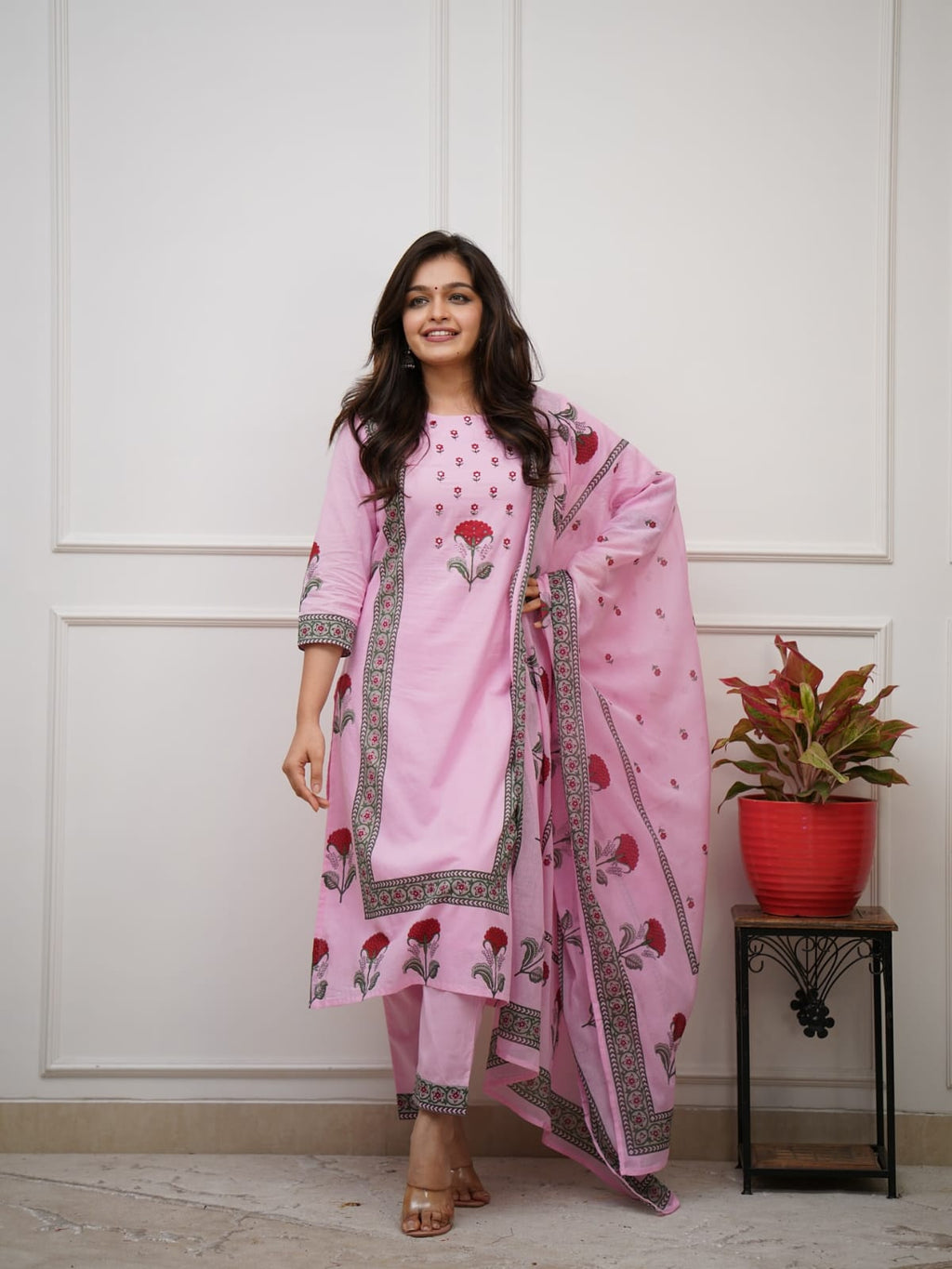Floral Pink Block Print Cotton Suit Set with Dupatta