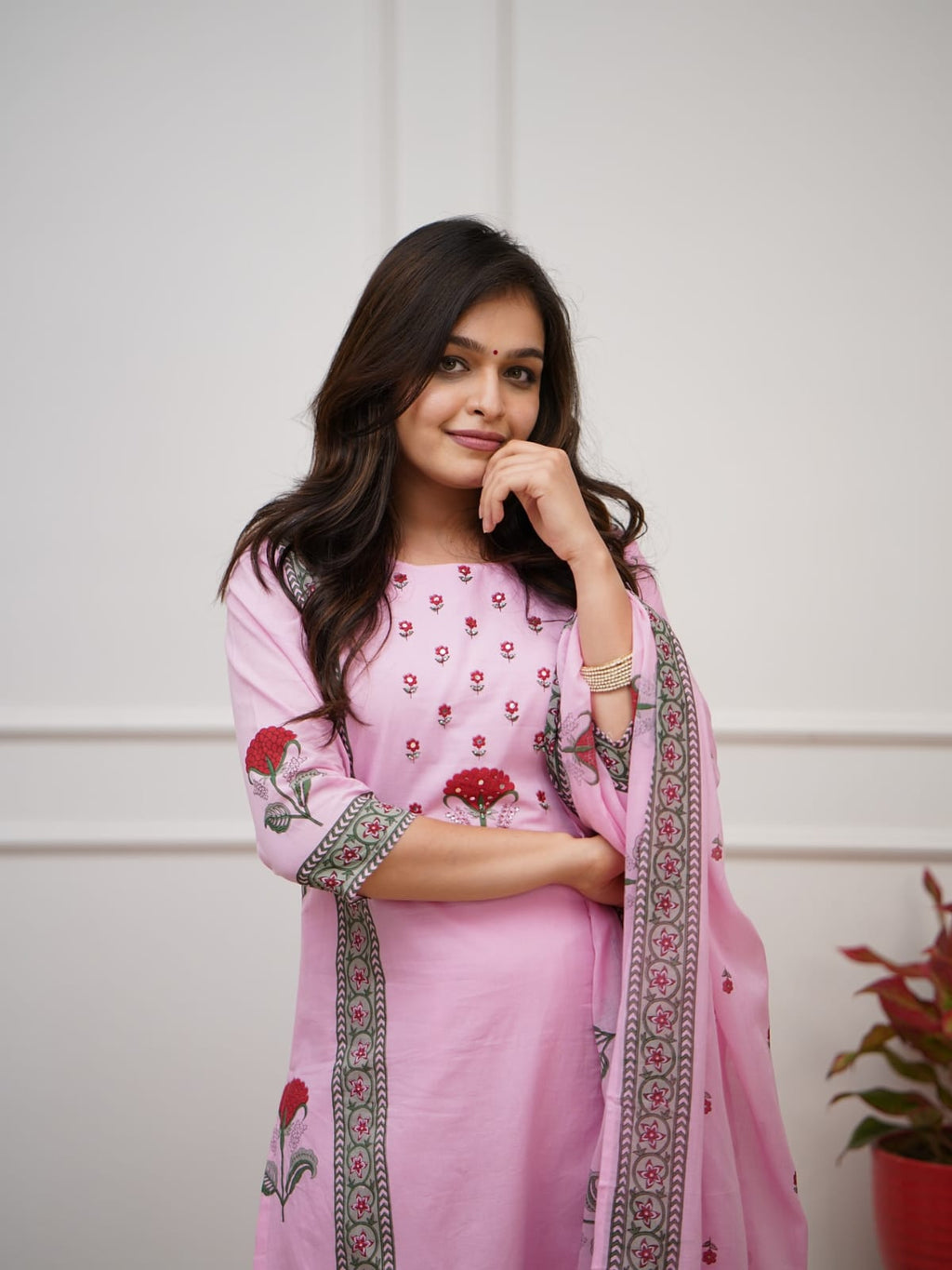 Floral Pink Block Print Cotton Suit Set with Dupatta
