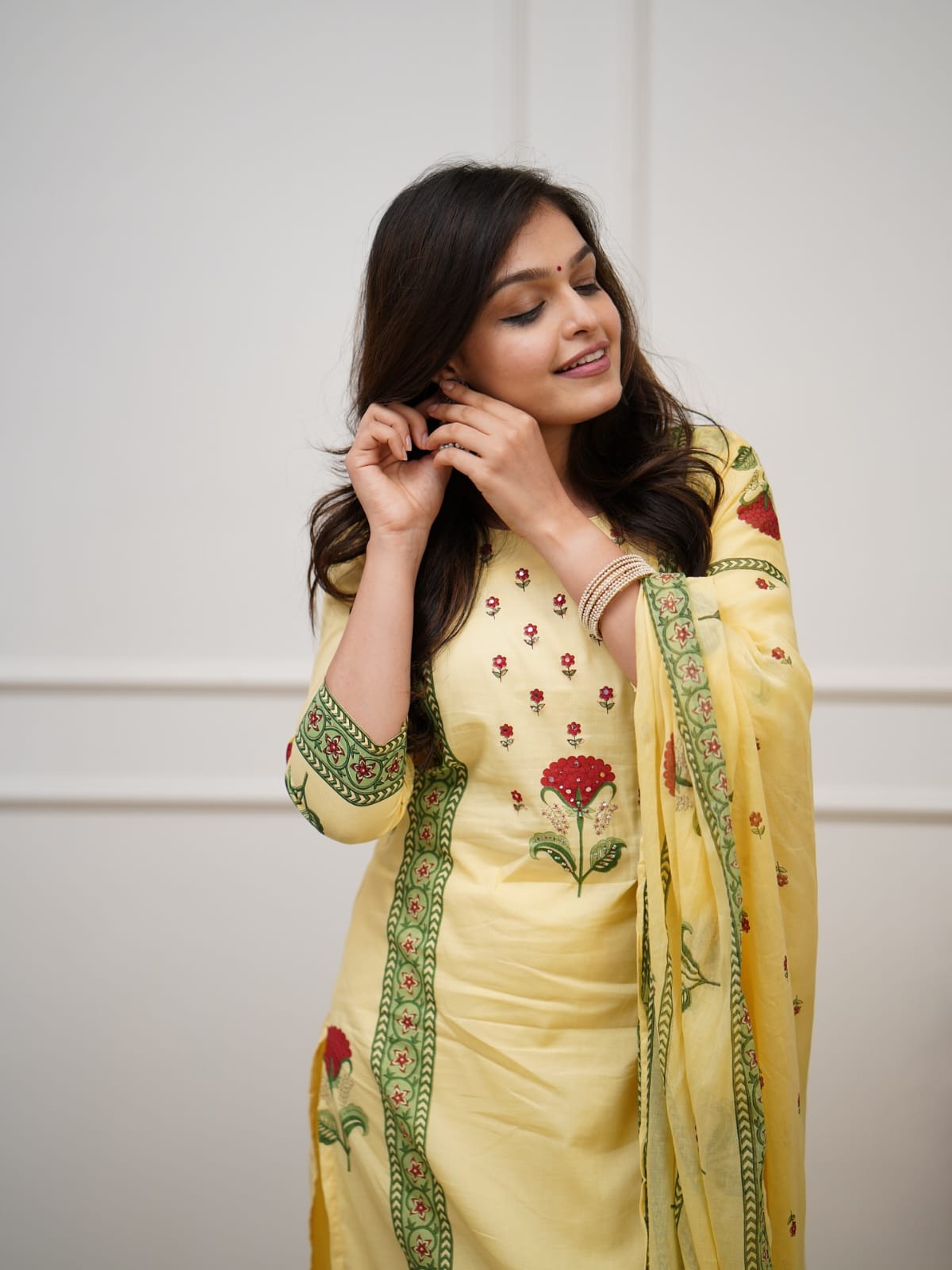 Floral Yellow Block Print Cotton Suit Set with Dupatta