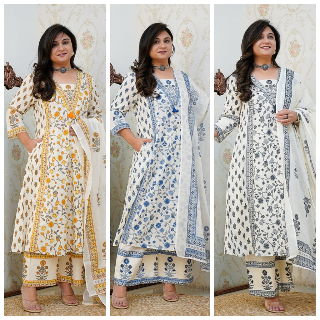 Elegant Yellow Cotton Floral Print Kurti Pant Set with Dupatta