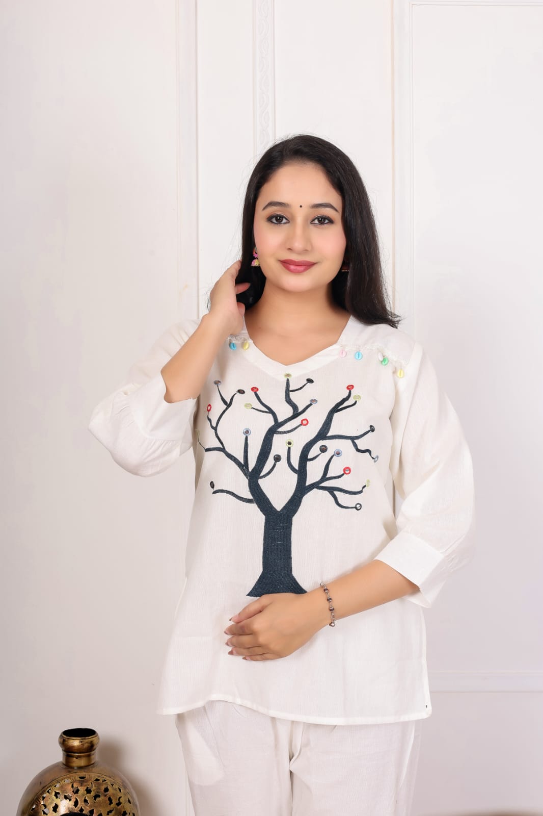 White Cotton Tree Embroidered Coord Set