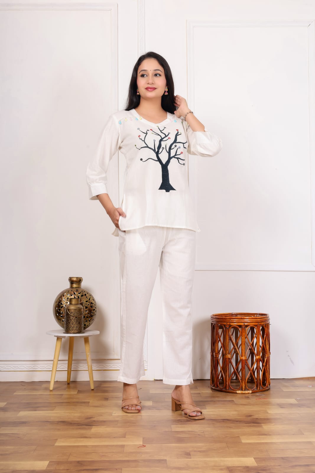 White Cotton Tree Embroidered Coord Set