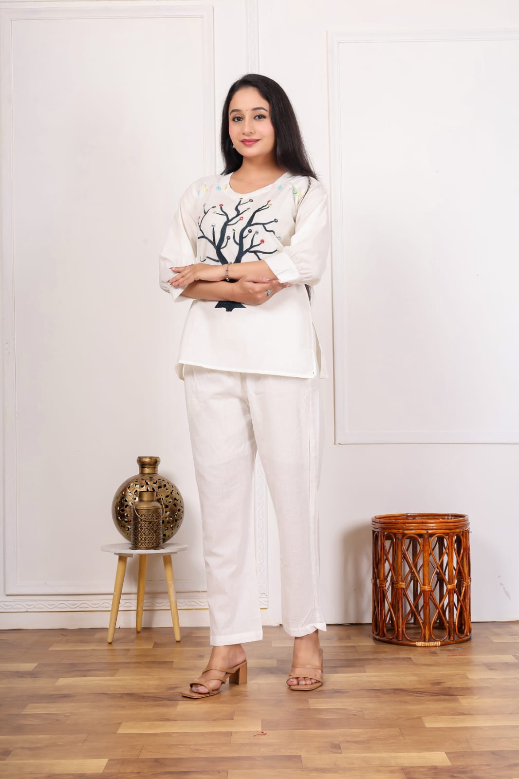 White Cotton Tree Embroidered Coord Set