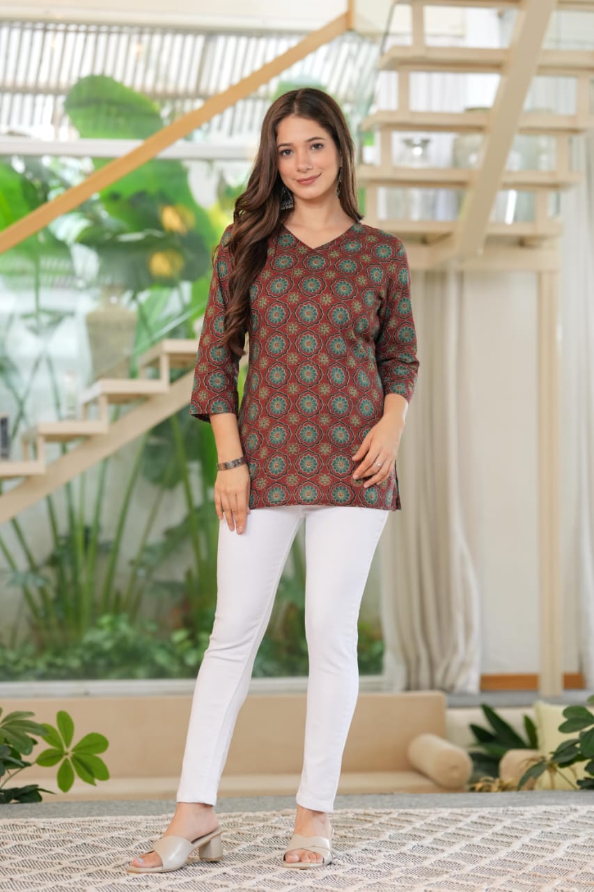 Maroon Cotton V-Neck Mandala Print Top - Pure Cotton
