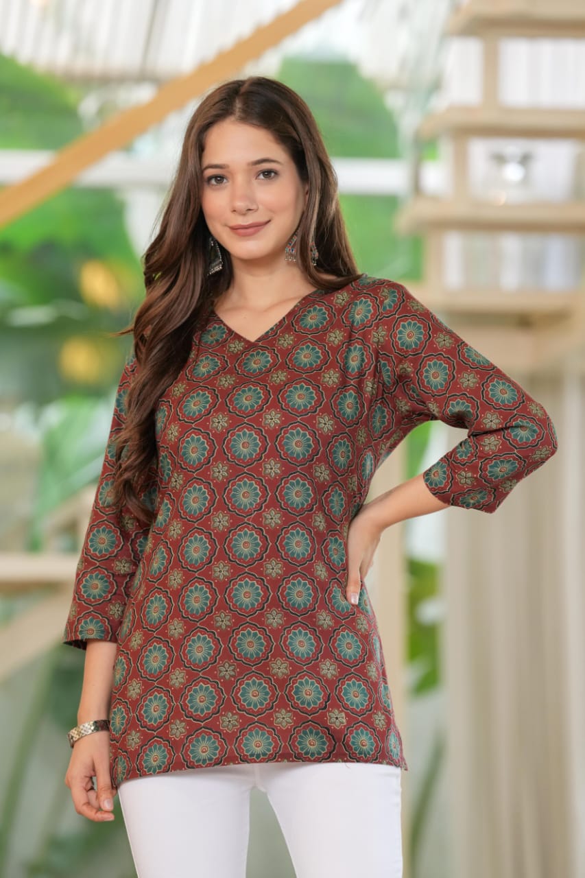 Maroon Cotton V-Neck Mandala Print Top - Pure Cotton