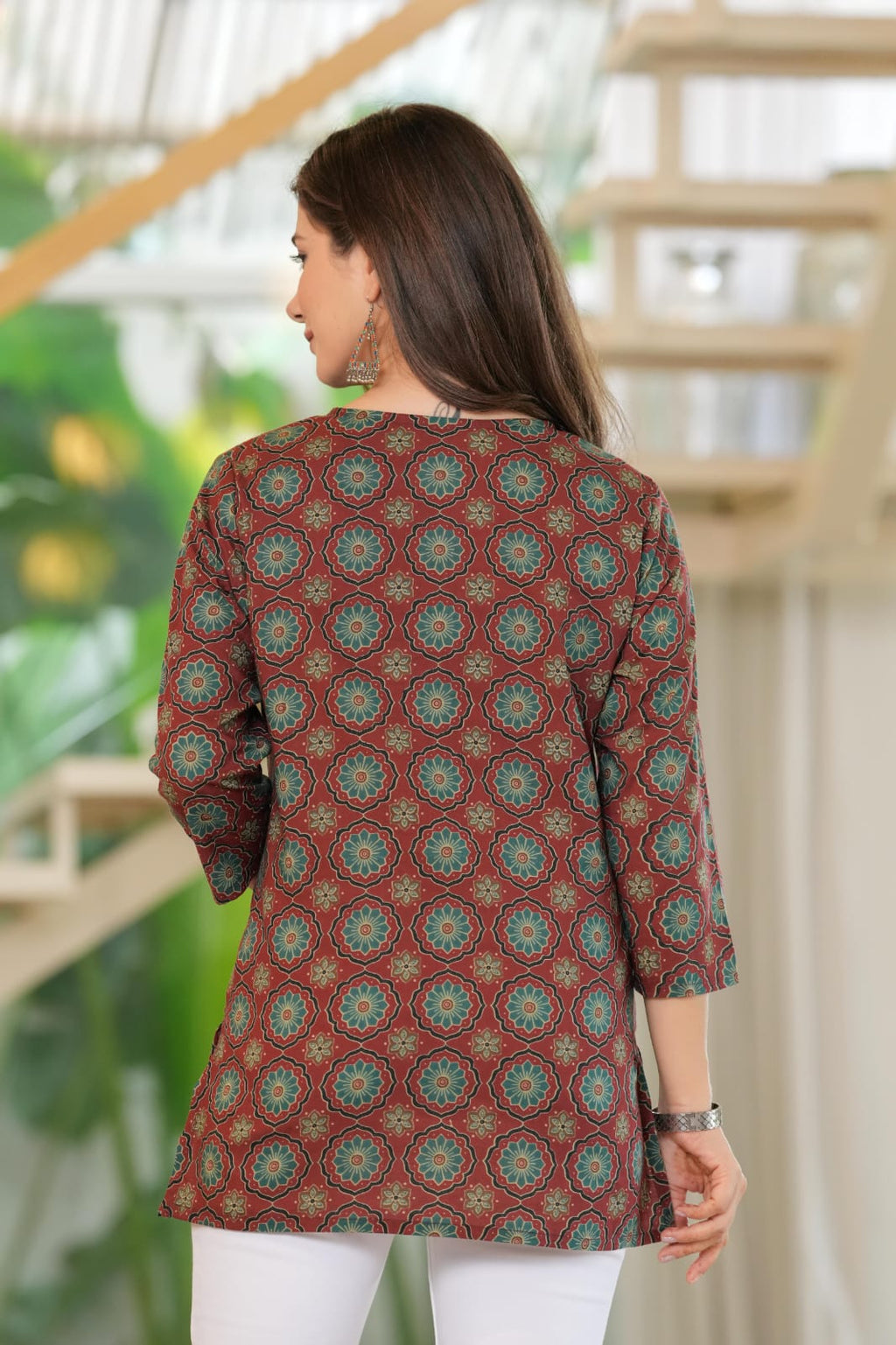 Maroon Cotton V-Neck Mandala Print Top - Pure Cotton