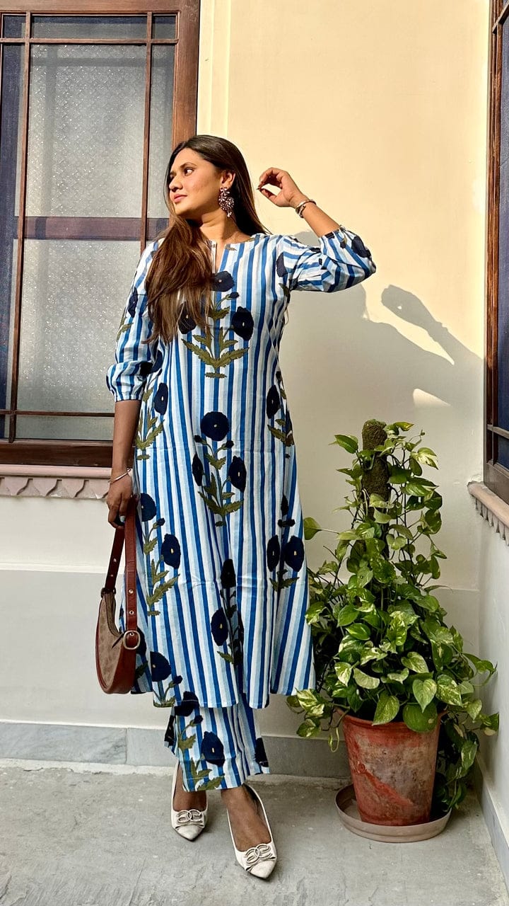 Women’s Navy Blue Striped Floral Cotton Kurta Set