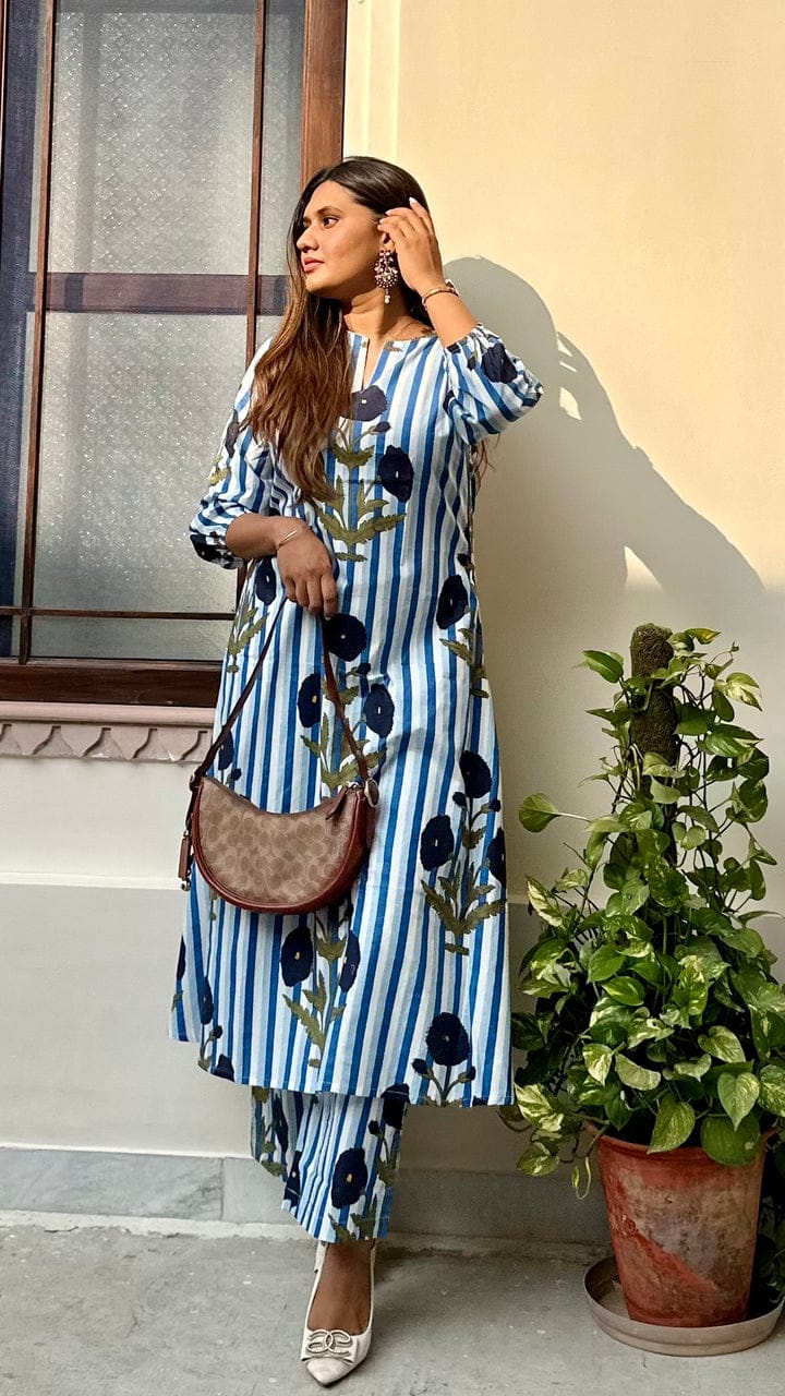 Women’s Navy Blue Striped Floral Cotton Kurta Set