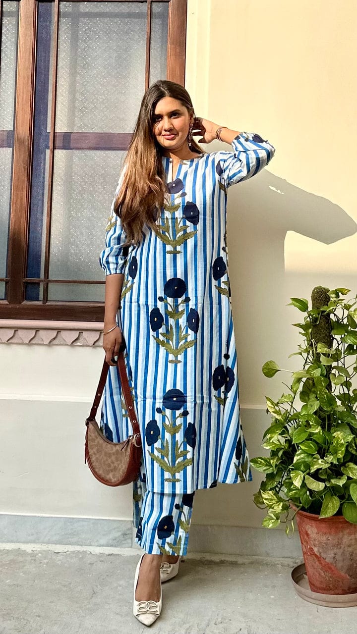 Women’s Navy Blue Striped Floral Cotton Kurta Set