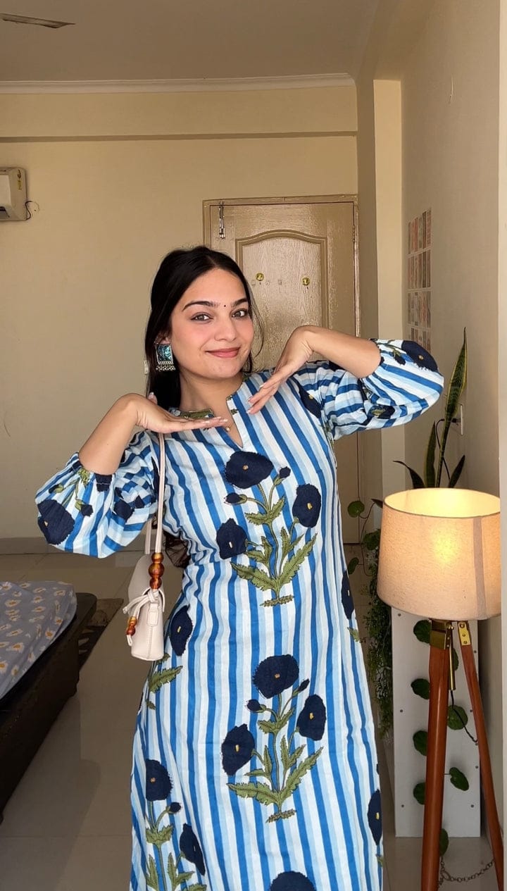 Women’s Navy Blue Striped Floral Cotton Kurta Set
