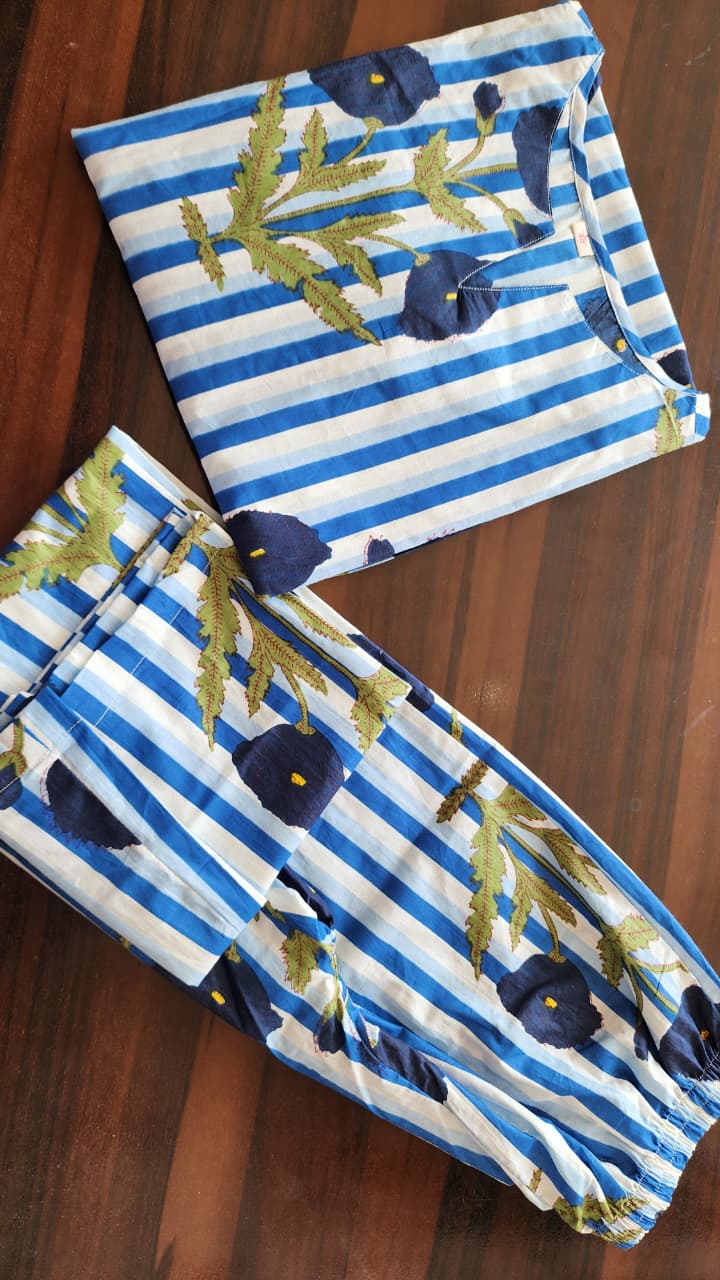 Women’s Navy Blue Striped Floral Cotton Kurta Set