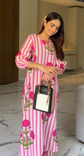 Women’s Pink Striped Floral Cotton Kurta Set