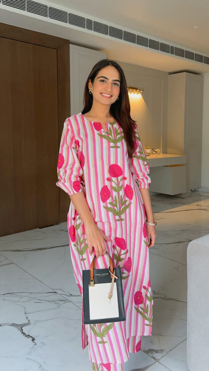 Women’s Pink Striped Floral Cotton Kurta Set