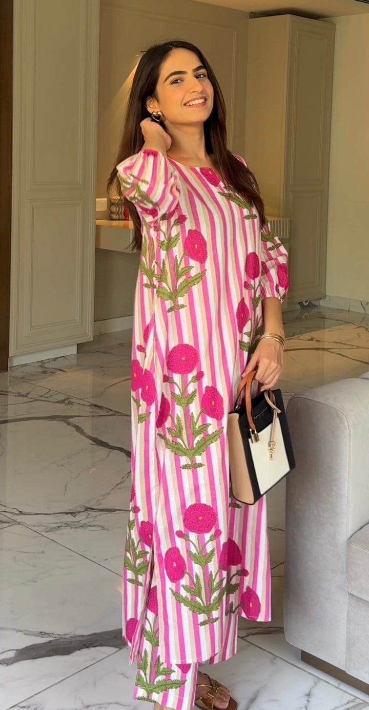 Women’s Pink Striped Floral Cotton Kurta Set