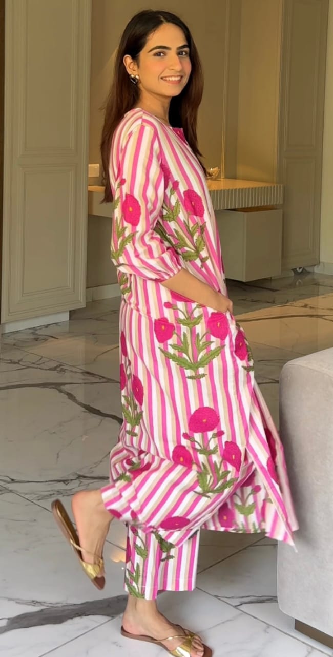 Women’s Pink Striped Floral Cotton Kurta Set