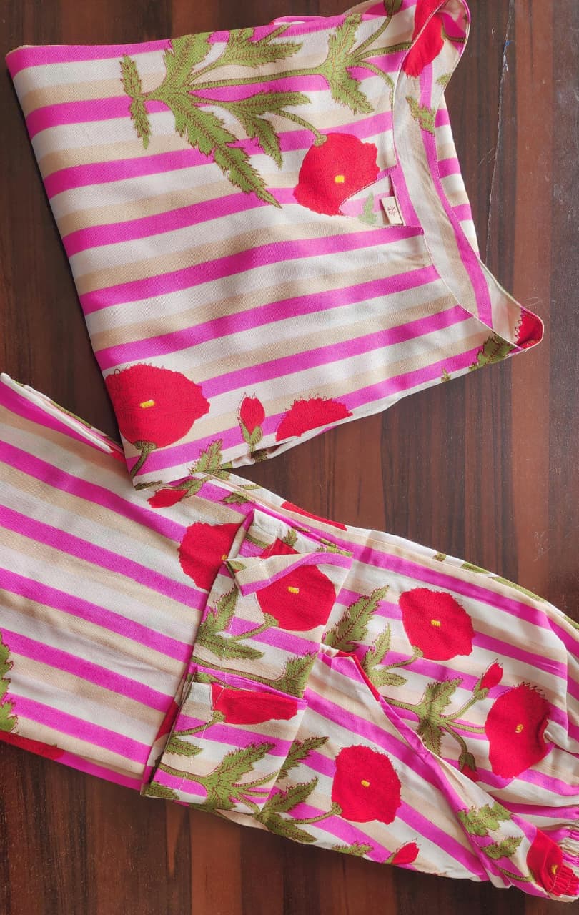 Women’s Pink Striped Floral Cotton Kurta Set
