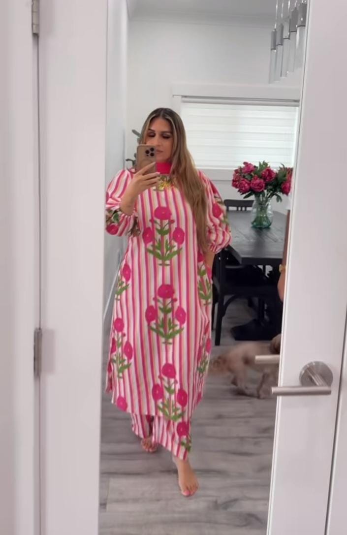 Women’s Pink Striped Floral Cotton Kurta Set