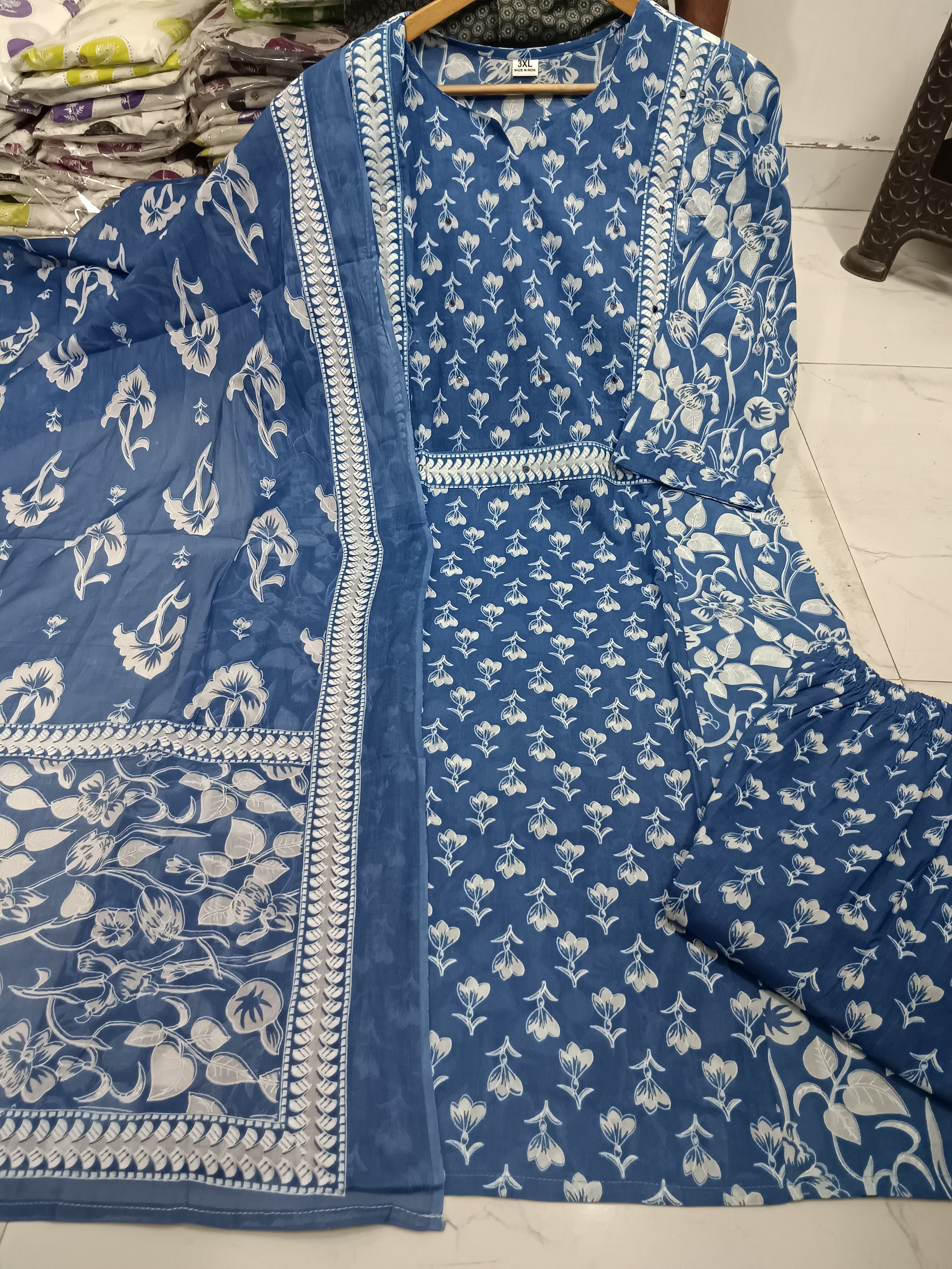 Floral Blue Printed Cotton Kurta Set