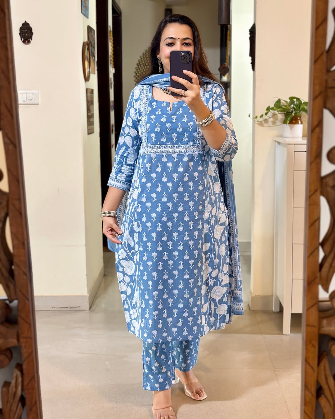 Floral Blue Printed Cotton Kurta Set