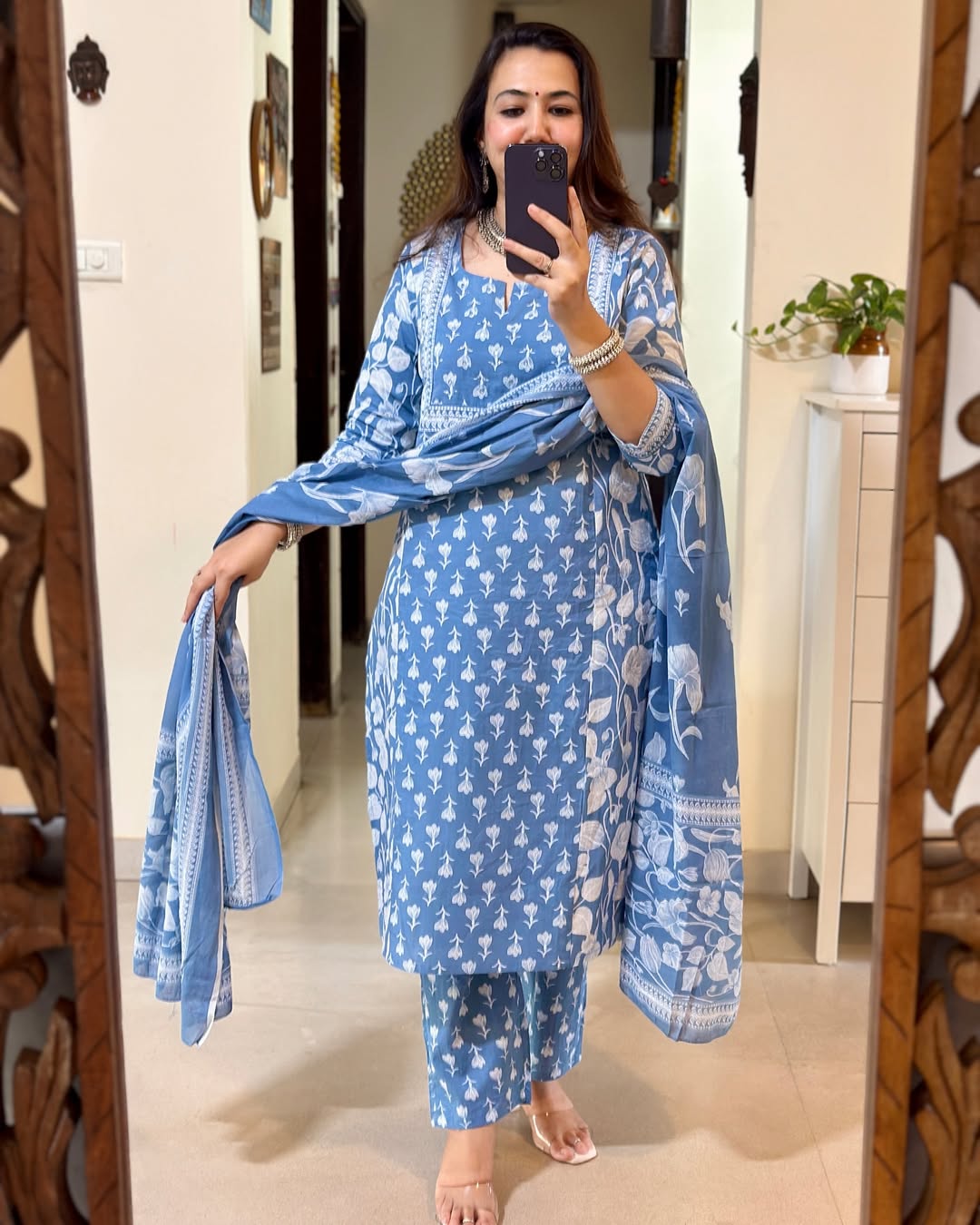 Floral Blue Printed Cotton Kurta Set