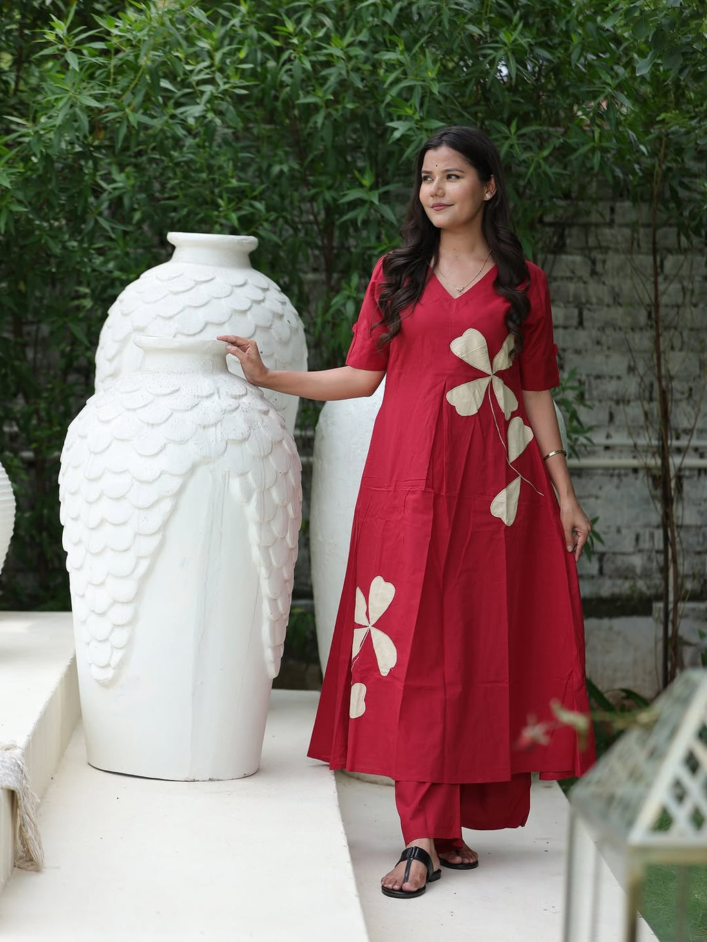 Cotton Red Floral A-Line Suit Set