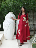 Cotton Red Floral A-Line Suit Set
