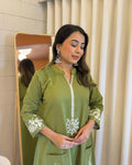 Green Cotton Flex Kurti Pant Set with Embroidery & Pintex Work