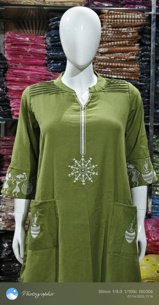 Green Cotton Flex Kurti Pant Set with Embroidery & Pintex Work