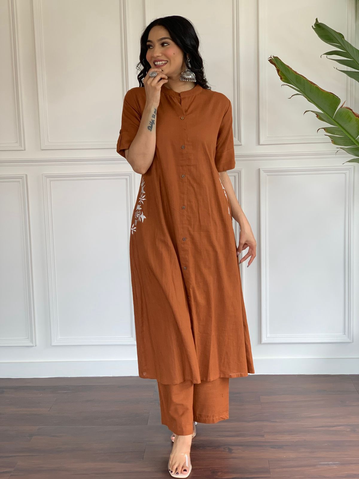Brown Cotton Kurti Set with Side Embroidery