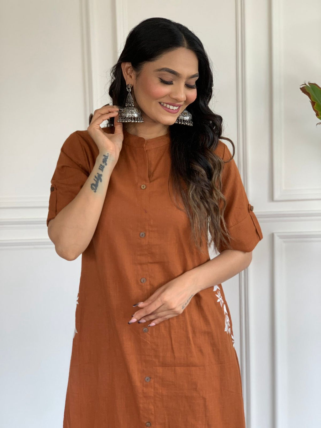 Brown Cotton Kurti Set with Side Embroidery
