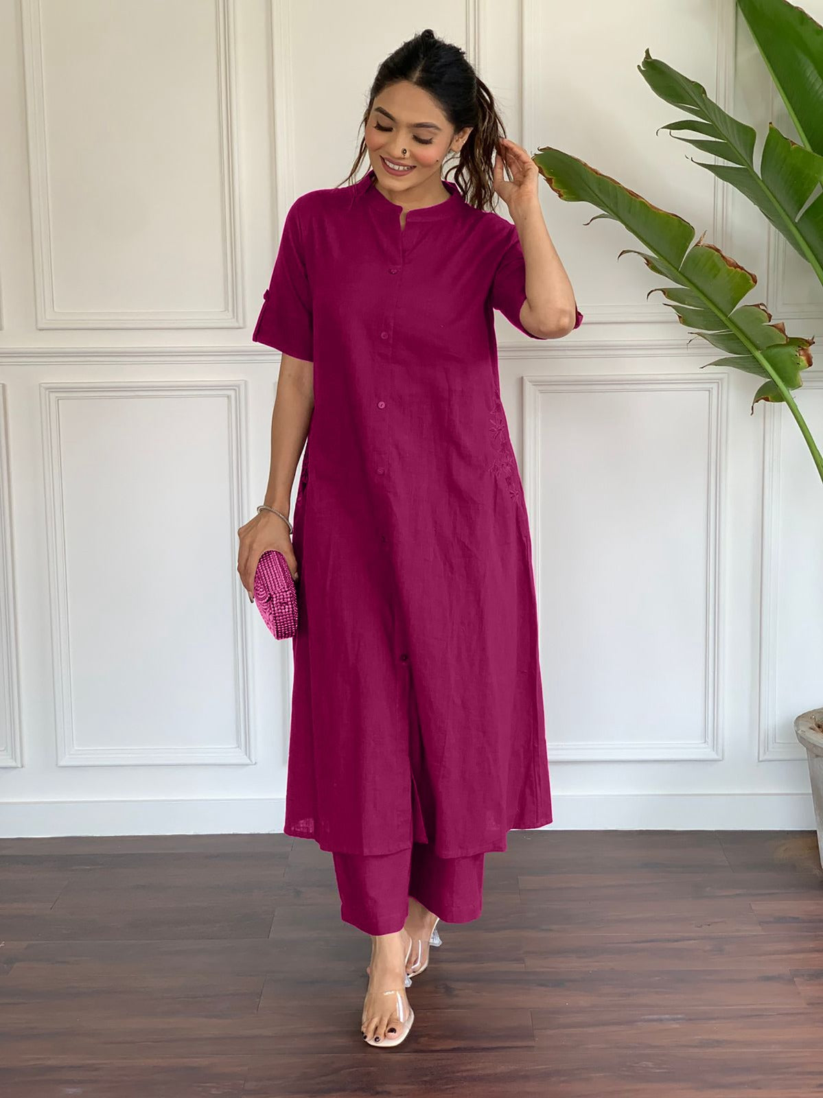 Maroon Cotton Kurti Set with Side Embroidery