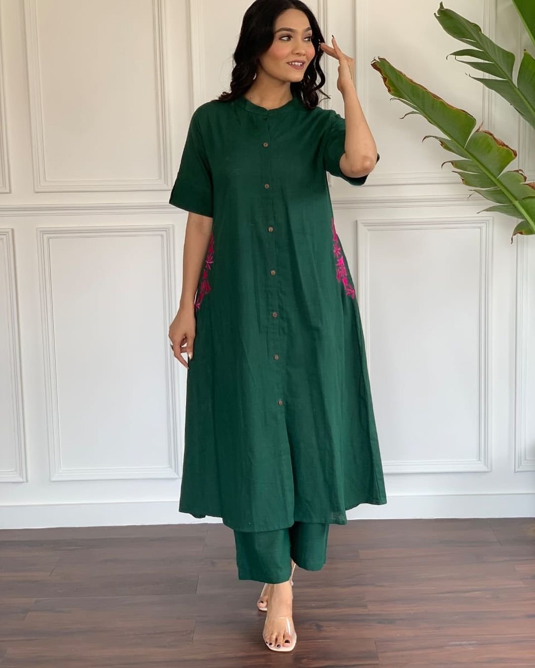 Green Cotton Kurti Set with Side Embroidery