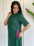 Green Cotton Kurti Set with Side Embroidery